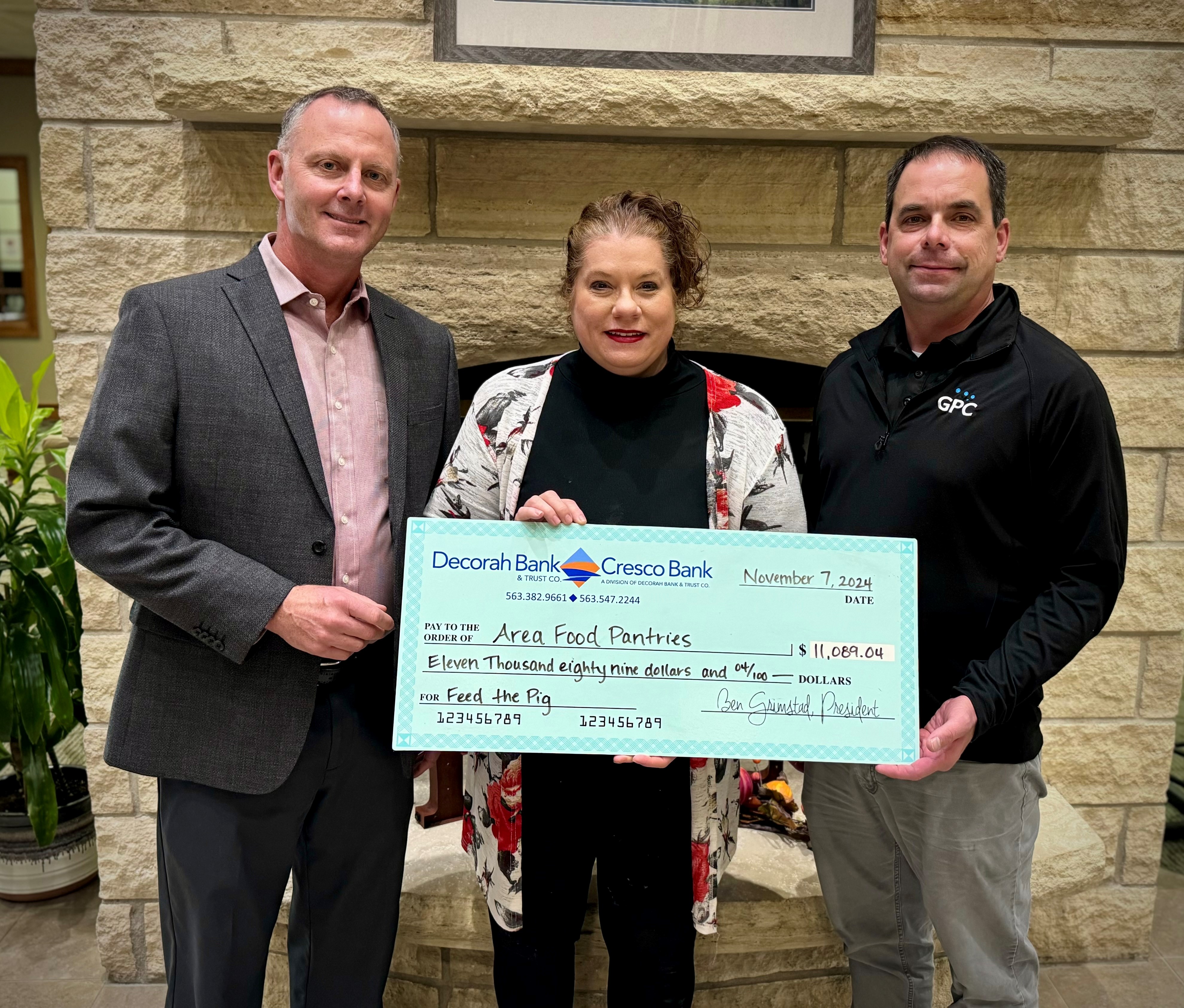 Featured left to right: Decorah Bank CEO Ben Grimstad, Christy Bouska with the Lynch Family Foundation, and Jeremy Bohr with GPC